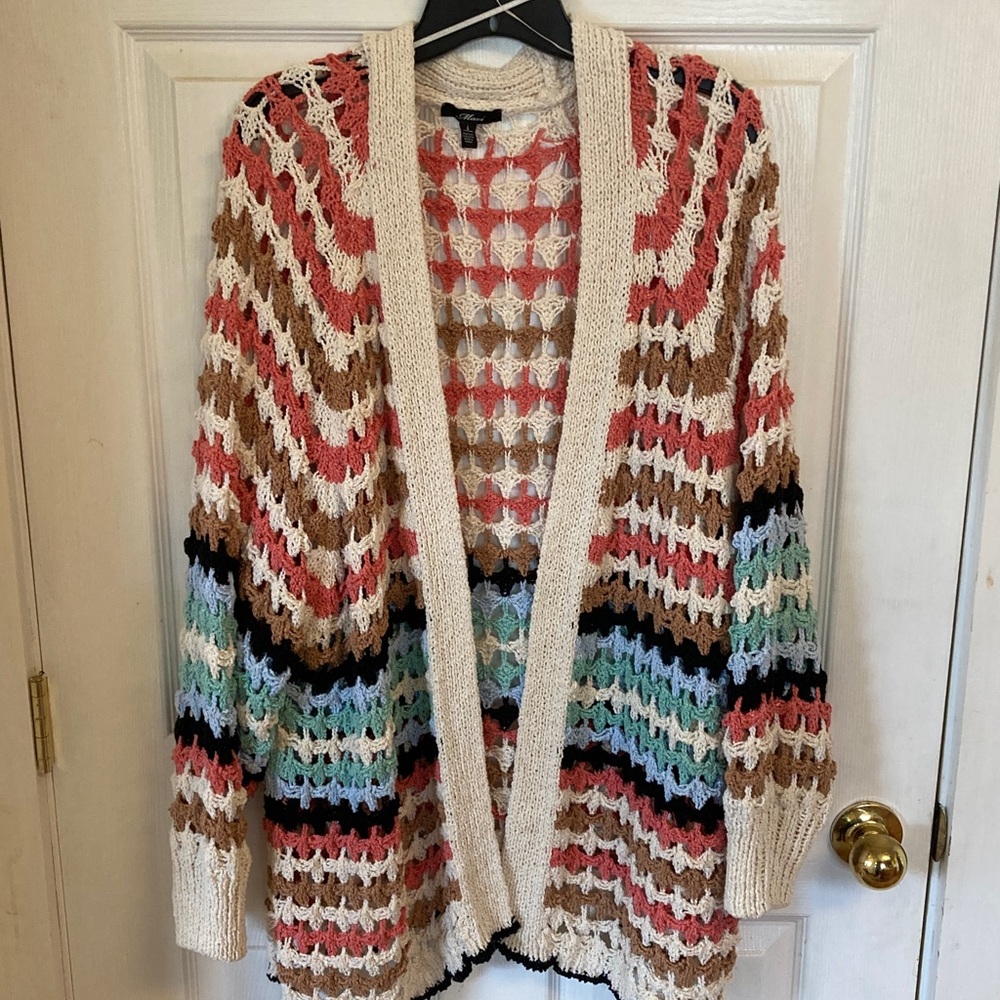 Mavi Cream Open-Weave Cardigan with Coral, Tan and Mint Stripes